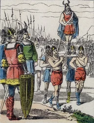 À la mort de Childéric Ier, son fils Clovis fut élu roi par les Francs Saliens qui le portèrent sur le bouclier en faisant le tour du camp (gravure)