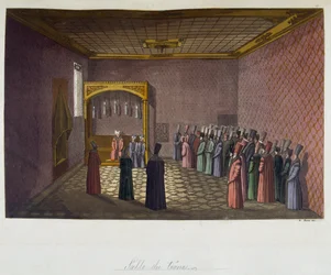 Empire ottoman : la salle du trône - dans "Le costume ancien et moderne" par Ferrario, éd. Milan
