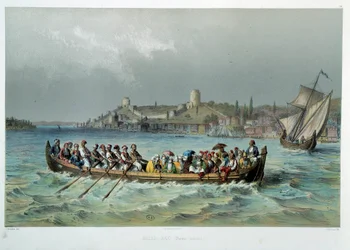 Empire ottoman : bateau omnibus à Constantinople (Istanbul). Lithographie du XIXe siècle. Arts décoratifs, Paris