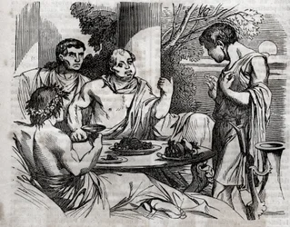 Scène de banquet en plein air - Vitellius (Aulus Vitellius Germanicus Imperator Augustus) empereur romain (15-69) donnant un festin - gravure dans « La Santé Universelle - Guide Médical pour les Familles » 1852.