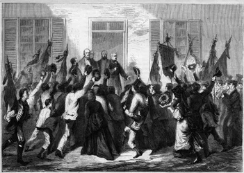 Ovation faite à Adolphe Thiers (1797-1877), président de la République française par la population de Belfort en 1873.