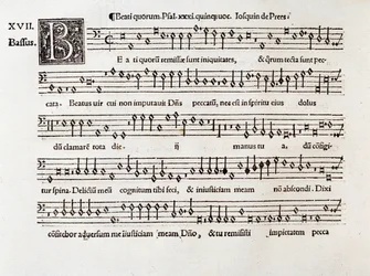 Page de la partition musicale de Beati quorum psalm XIII par Willaert (1538)