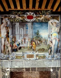 Dessus de cheminée peinte de la salle des armes représentant Salomon et la reine de Saba