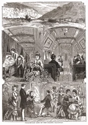 La vie en wagon-palais sur le chemin de fer du Pacifique, gravure sd. 19e siècle.