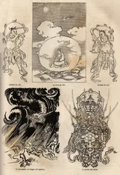 Panthéon des divinités japonaises, représentation traditionnelle de quelques figures typiques : la reine du ciel flanquée de deux gardes ; le Maki Tats, dragon du typhon et le chef des armes. Gravure pour illustrer le voyage au Japon en 1863-1864, par Aimé