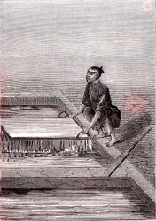 La pâte à papier devient liquide, fabrication du papier en Chine (IIIe siècle av. J.-C.) (gravure)