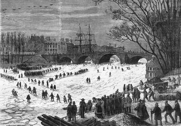 Paris janvier 1868 : La Seine prise par les glaces au niveau du Pont-Neuf.