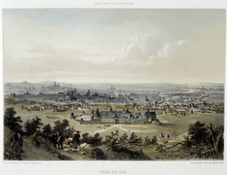 Paris en 1620, vue générale prise de la Butte Chaumont - lithographie