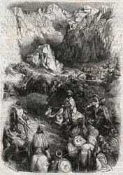 Passage des Pyrénées par les Maures - gravure de 1851 de "Roland furieux" (Orlando furioso) (16ème siècle) par Ludovico Ariosto, dit l