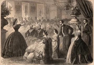 Pauline Viardot-Garcia (Viardot Garcia) (1821-1910), chanteuse française à la fête de charité donnée par la loge maçonnique « La persévérante amitié » au Grand Orient de Paris. Gravure dans « Le Monde Illustré » de 1862. Collection privée.