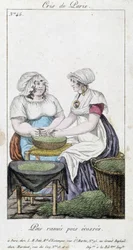 Marchandes de pois : deux femmes écosseuses de pois. « Pois rangés, pois écossais » - dans « Cris de Paris », début XIXe siècle