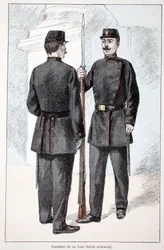 Gardiens de la paix (période Lépine). Eau-forte en couleurs, pour illustration « Histoire du corps des gardiens de la paix » livre publié sous les auspices de Louis Lépine (1846-1933) préfet de police de la Seine, par Alfred Rey (1864-?) et Louis Féron (18