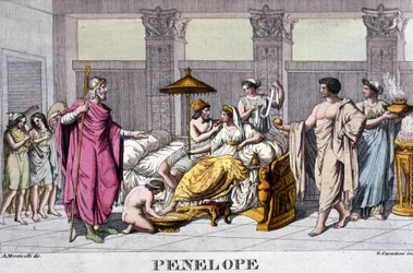Pénélope dans son palais. Gravure du 19e siècle.