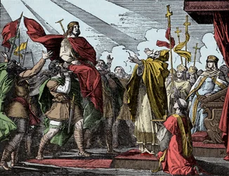 Pépin proclamé roi des Francs - Sacre de Pépin le Bref (714-768), basilique Saint-Denis, 28 juillet 754 : le pape Étienne II le consacra roi des Francs et patrice des Romains (Patricius Romanorum).