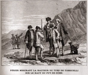 Périer mesurant la hauteur du baromètre (tube de mercure) par Evangelista Torricelli ou Toricelli au sommet du Puy-de-Dôme le 20 septembre 1618, gravure du 19ème siècle, collection Bianchetti