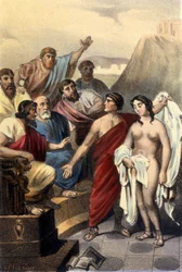 Phryné, courtisane grecque, devant les juges d