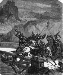 Pierre Terrail, seigneur de Bayard, défendant le pont de Garigliano (Italie) en 1503. Gravure du 19ème siècle.