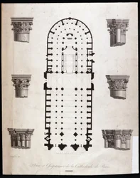 Plan et chapiteaux de la cathédrale Notre-Dame de Paris. XIXe siècle.