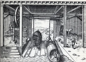 Plan incliné pour bateaux au XVIe siècle sur les lagunes de la Brenta (rivière) en Italie du Nord. Gravure dans « La Nature »