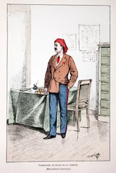 Commissaire de police de la Commune. Eau-forte en couleurs, pour illustration Histoire du corps des gardiens de la paix, livre publié sous les auspices de Louis Lépine (1846-1933) préfet de police de la Seine, par Alfred Rey (1864-?) et Louis Féron