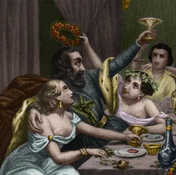 Le pape Alexandre VI (1431-1503) (Alessandro, Rodrigo Borgia) célèbre le mariage de sa fille Lucrèce Borgia avec 50 courtisanes au Vatican. Gravure de 1842 dans « Histoire des papes : crimes, meurtres, empoisonnements, parricides »