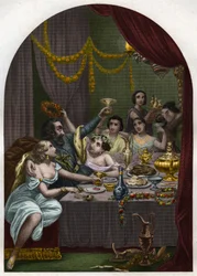 Pape Alexandre VI (1431-1503) (Alessandro, Rodrigo Borgia) : Rodrigo Borgia célèbre le mariage de sa fille Lucrezia Borgia avec 50 courtisanes au Vatican. Gravure de 1842 dans « Histoire des popes: crimes, murders, poisonings, parricides, adulteres