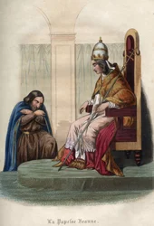 La papesse Jeanne, qui régna entre 855 et 858, portant des vêtements pontificaux. Gravure de 1842 dans "Histoire des papes" de Maurice Lachatre. Collection privée.