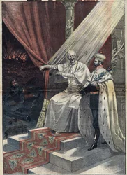 Le pape Léon XIII (1810-1903) montrant au tsar russe Nicolas II (1868-1918) les horreurs de la guerre. Ce dernier propose alors le désarmement. Illustration dans « Le Pèlerin » du 11 septembre