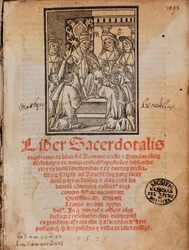 Le Pape Léon X reçoit le livre Frontispice du livre de liturgie Liber Sacerdotalis par Castellini