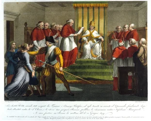 Le Pape Pie VII (1742 - 1823) excommunie Napoléon Bonaparte le 10 juin 1809. Gravure du 19ème siècle.