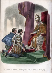 Le pape Grégoire XIII (1502-1585) reçoit la tête de Gaspard de Coligny (1519-1572), assassiné lors du massacre de la Saint-Barthélemy en 1572, en cadeau du roi Charles IX de France (1550-1574).