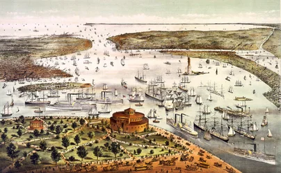 Port de New York; vue aérienne. Gravure v. 1892.