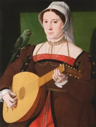 Portrait de femme jouant du luth avec perroquet sur son épaule