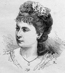 Portrait de Blanche Baretta, comédienne française, membre de la Comédie-Française de 1875 à 1901. Gravure dans Le Monde Illustré n°1168 du 16 août 1879.