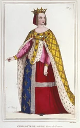 Portrait de Charlotte de Savoie 1445 -1483 Reine de France de 1461 à 1483 Épouse de Louis XI (Le Prudent) en 1451 gravure de 1830