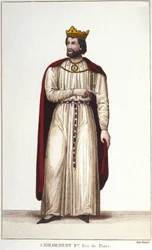 Portrait de Childebert Ier (v. 495-558) Roi de Paris. Gravure de 1830