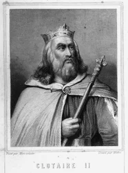 Portrait de Clotaire II (584 - 628), roi de Neustrie et roi des Francs - dans «Histoire des Français» de Lavallée, gravure, sd