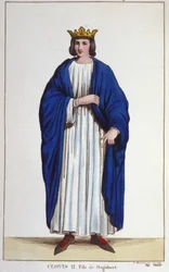 Portrait de Clovis II (? - 657), Roi de Neustrie, Bourgogne et Austrasie gravure de 1830