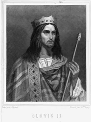 Portrait de Clovis II (? - 657), roi de Neustrie, Bourgogne et Austrasie - dans « Histoire des Français » par Lavallée, gravure, sd