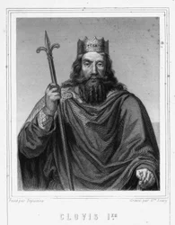 Portrait de Clovis I (v. 466 - 511), roi des Francs - dans « Histoire des Français » par Lavallée, gravure, sd