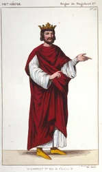 Portrait de Dagobert Ier (? - 639), roi des Francs, dynastie des Mérovingiens. Gravure de 1830