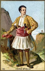 Portrait de George Gordon Noel, 6ème Baron Byron, Lord Byron (1788 - 1824) vêtu en Grec. Chromolithographie du 19ème siècle.