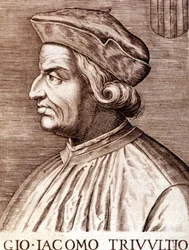 Portrait de Giangiacomo Trivulzio (Maréchal Trivulce) Marquis de Vigevano en français Trivulce. Maréchal de France (1448 à 1518). Gravure du XVIIe siècle