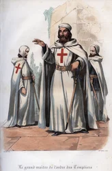 Portrait de Jacques de Molay (1243-1314), Grand Maître des Templiers. Gravure de 1842 dans « Histoire des papes » par Maurice Lachatre. Collection privée.
