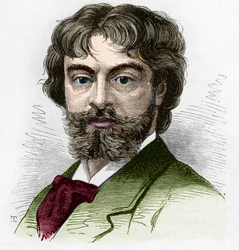 Portrait de Jean Sully Mounet dit Mounet-Sully (1841-1916), comédien français, membre de la Comédie-Française. Gravure dans "Le Monde Illustré" n°1168 du 16 août 1879.