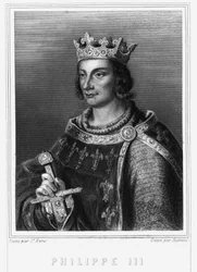 Portrait du Roi Philippe III de France, dit Philippe le Hardi (1245-1285) (dynastie capétienne). Philippe III, Roi de France. Philippe III le Hardi (1245-1285) - dans "Histoire des Français" de Lavallée, gravure, sd