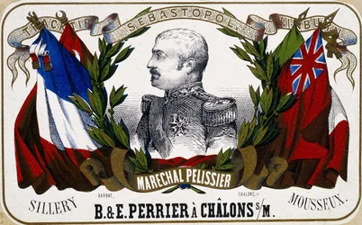 Portrait du Maréchal Pélissier sur une étiquette de champagne "B. & E. Perrier à Châlons sur Marne", sd. 19ème siècle