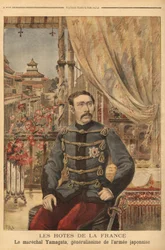 Portrait du maréchal Yamagata Aritomo (1838-1922), soldat et homme politique japonais, il a commandé la première armée du Japon pendant la guerre contre la Chine en 1894. Gravure dans « Le petit journal » 10/05/1896. Collection Selva