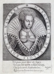 Portrait de Marguerite de Valois (1553 - 1615) connue sous le nom de Reine Margot. Gravure du 16e siècle. Pau, Musée du Château