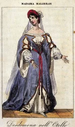 Portrait de Maria Garcia dite la Malibran (1808-1836) chanteuse dans le rôle de Desdémone pour « Othello » (Otello) de Gioachino Rossini. Teatro alla Scala 1833.